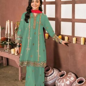 Green Embroidered 2pcs Girl's Cotton Frock& Trouser Set GM1995200105GYKSCN