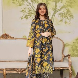 green embroidered 2pcs girl's cotton frock& trouser set gm1995200103gykscn